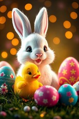 Fototapeta premium Adorable Easter bunny with colorful eggs and yellow chick in festive setting