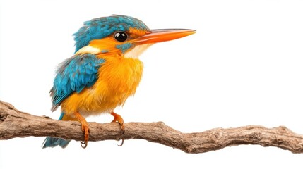 Fototapeta premium A vibrant young Oriental dwarf kingfisher perched on a branch, showcasing its bright orange and blue feathers