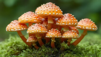 Vibrant Orange Mushrooms Growing on Green Moss in Forest Environment