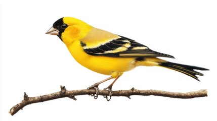 Fototapeta premium An elegant goldfinch perched on a branch, showcasing its vibrant yellow and black feathers, isolated on a white background