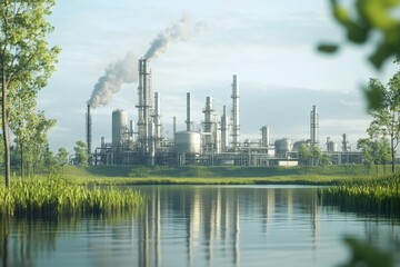 Obraz premium A refinery seamlessly integrated into a natural landscape, showcasing harmony between industry and nature.