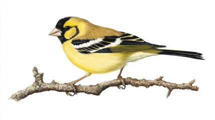 Fototapeta premium An elegant goldfinch perched on a branch, showcasing its vibrant yellow and black feathers, isolated on a white background