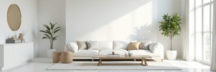 Sleek white walls, geometric furniture, minimalist decor, art, concrete, glass