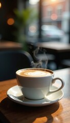 Obraz premium Steaming cappuccino in ceramic cup, wooden cafe table , drink photography, milk, cozy
