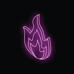 Purple neon sign in the shape of a flame is glowing against a black background