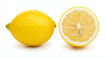 Fresh Whole Lemon and Citrus Slice with Bright Yellow Color on White Background for Culinary and Beverage Use