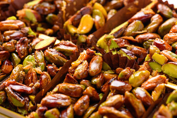Sweet food Turkish delight, traditional food, crunchy pistachio bars, granola