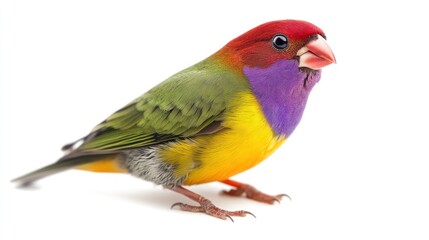 Fototapeta premium A close-up of a pretty Gouldian Finch from Australia, perched gracefully, isolated on a pure white background