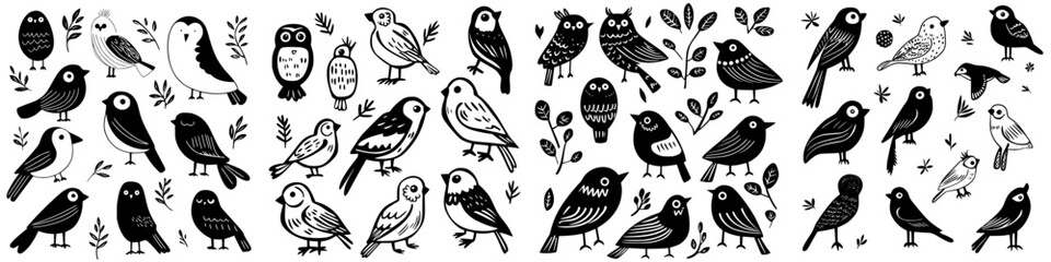 Obraz premium Birds of different species illustrated in a stylized black and white design featuring diverse poses and expressions