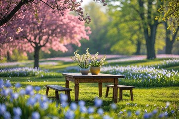 Naklejka premium Spring Landscape with Colorful Flowers Lush Green Trees and Peaceful Wooden Table in Soft Natural Light