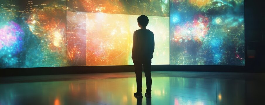 Holographic display showing different career paths, a student contemplating future choices