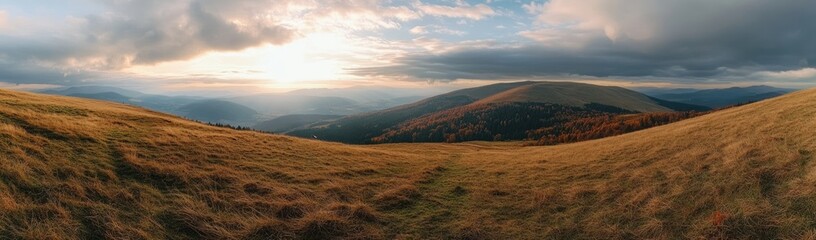 Fototapeta premium Golden hour over vast mountain peaks, with sun rays piercing through the clouds and illuminating the epic landscape. A high-detail panoramic view perfect for travel and outdoor branding.