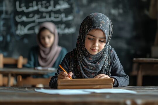 Girl studying in classroom, friend in background