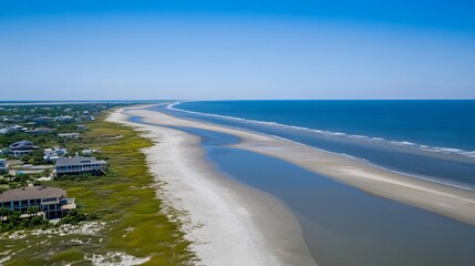 Scenic coastline view, tranquil beach meeting ocean, clear skies with gentle waves, perfect for relaxation and tourism.