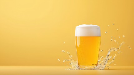 Front view of a glass of beer with water splashing and bubbles pouring from the top of the glass