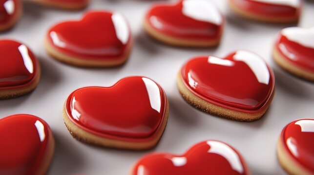 Shiny red heart shaped frosted biscuits