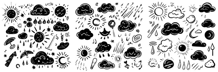 Weather symbols and illustrations depicting sun, clouds, rain, and temperature variations in black and white style