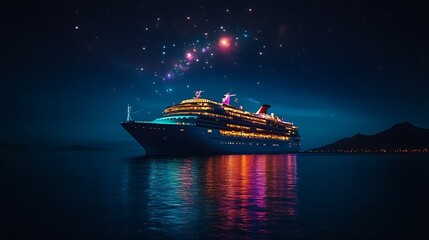 Illuminated Cruise Ship Sailing Under A Starry Night Sky