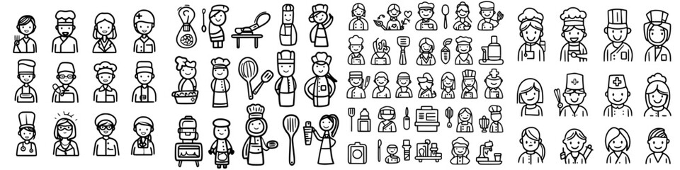 Fototapeta premium Various chef and kitchen worker illustrations representing different culinary professionals and activities in a creative style