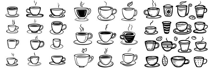 Various styles of coffee cups and mugs displayed with steaming beverages in a monochrome illustration
