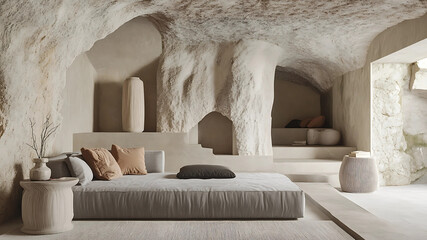 The organic curves of a Mediterranean cave house embrace a stylish grey sofa, while earthy hues and natural textures evoke a timeless yet contemporary summer sanctuary.
