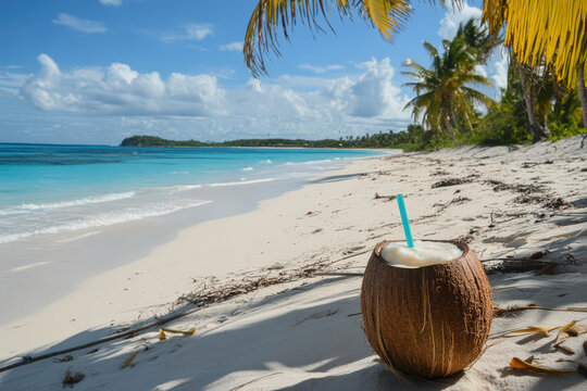 ``` Refreshing coconut drink on beach under sunny sky