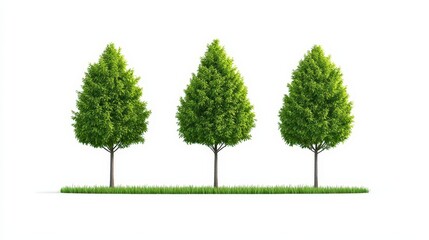 Three green summer trees in a row against a white background with dense vibrant foliage