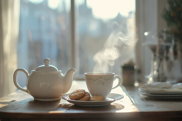 Fototapeta premium Steaming tea time evokes comfort and warmth at home