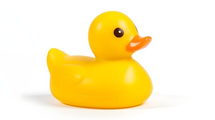 Bright yellow rubber duck with a glossy finish placed on a pure white background creating a minimalist and clean studio shot composition