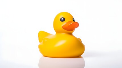 Minimalist and contemporary studio photograph showcasing a single yellow rubber duck floating in the center of a clean stark white background  This product shot highlights the duck s smooth