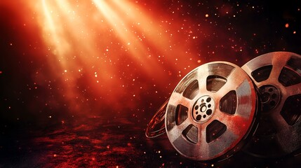 Cinematic film reels, spotlight, dark background; movie production, nostalgia, memory