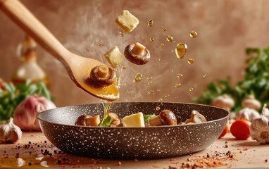 A sizzling hot pan of garlic mushrooms tossed in butter flipping mid-air with oil droplets pastel brown background