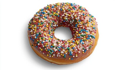 Colorful Sprinkled Donut with Glaze on White Background
