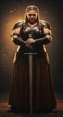 Powerful female warrior in armor stands confidently with a sword, illuminated by dramatic lighting