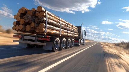 A truck with a trailer loaded with logs drives along a highway in a deserted area