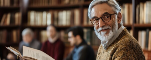 Fototapeta premium Elderly professor in a traditional library teaching a small group about ancient ethical philosophies