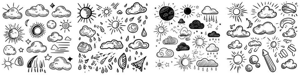 Collection of doodles depicting various weather elements including sun, clouds, rain, and stars in a creative layout