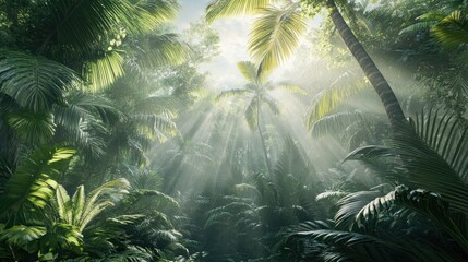 Sunbeams Illuminate Lush Tropical Rainforest Canopy