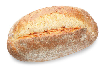Whole loaf of freshly baked bread isolated on white, top view