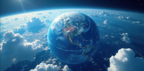 Stunning blue marble, swirling clouds, landmasses visible, overview, solar, satellite