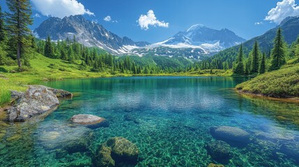 Quiet mountain lake with crystal-clear water