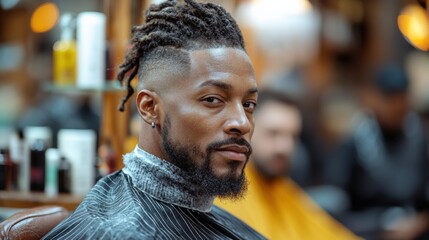 Fototapeta premium Stylish Man With Beard and Haircut in Barber Shop During Afternoon Session Generative AI