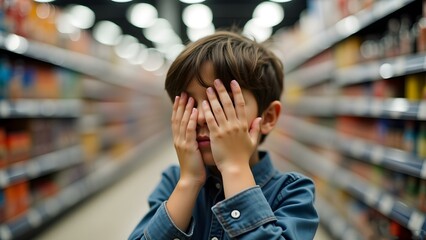 Little Boy Covering His Face with Hands in a Supermarket, emotions, shyness, stress, fright, fear, anxiety, loneliness