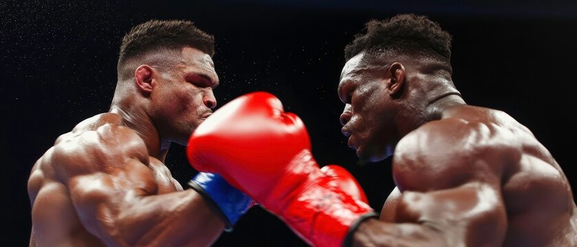 Two muscular boxers engage in an intense face-off, showcasing power and determination in the boxing ring.