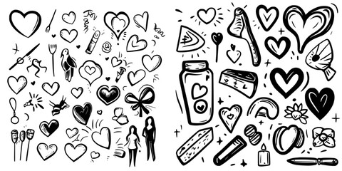 Creative black and white doodles showcasing various heart shapes and playful elements in a whimsical design