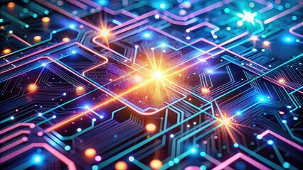 Obraz premium Abstract digital circuitry glowing with vibrant neon light patterns, showcasing intricate network connections and data flow
