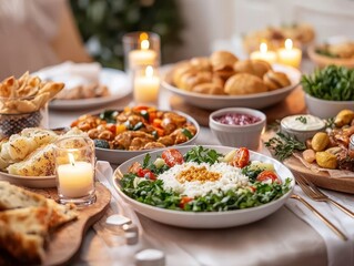 A beautifully arranged table featuring a variety of dishes, including salads, baked goods, and candles, creating a warm and inviting dining atmosphere.