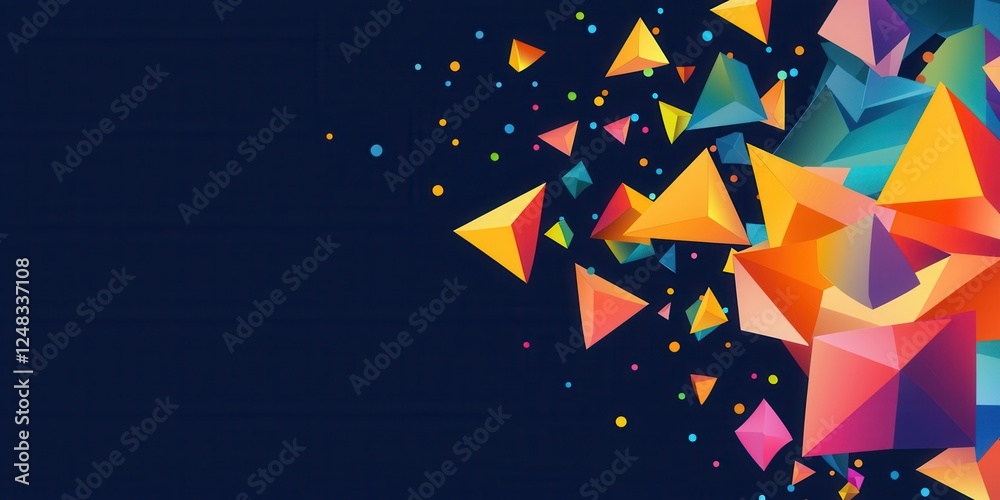 Poster A vibrant design featuring colorful geometric shapes on a dark background, creating a dynamic and energetic visual effect.