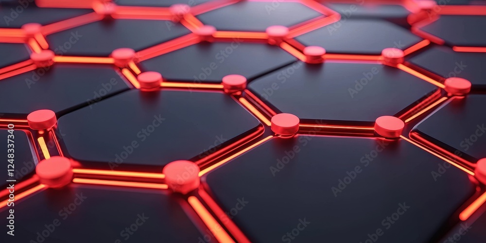 Aufkleber A close-up view of a futuristic hexagonal pattern illuminated with red lines, set against a dark background, creating a high-tech aesthetic.