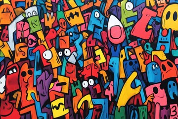 Dynamic and colorful abstract street art featuring a lively array of quirky characters and shapes, creating an energetic and playful atmosphere